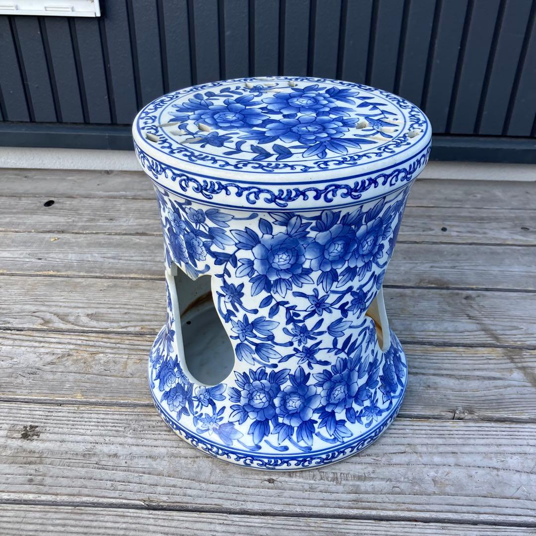 中国陶器スツール 青華唐子之図 染付 花柄 花台 ビンテージ ヴィンテージ