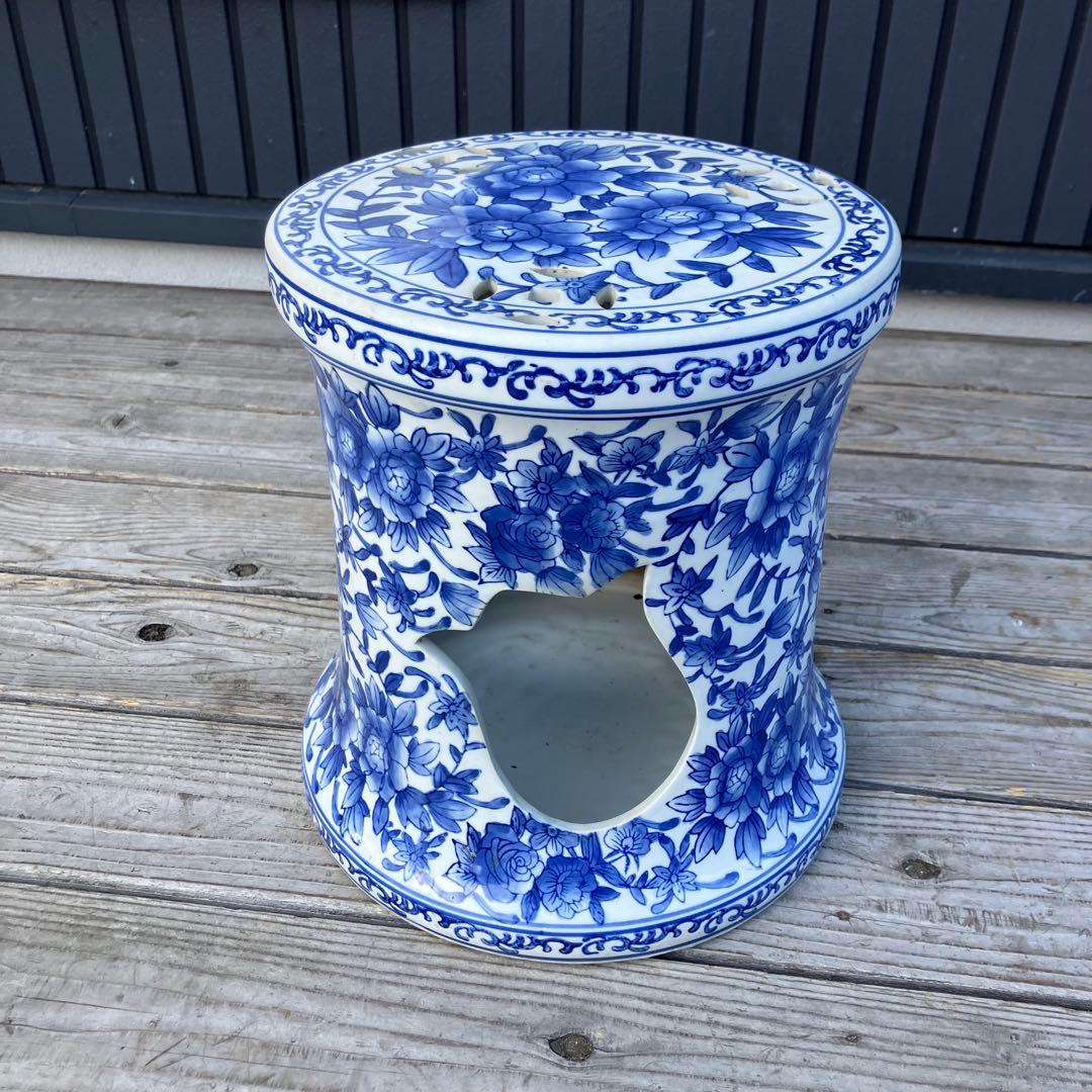 中国陶器スツール 青華唐子之図 染付 花柄 花台 ビンテージ ヴィンテージ