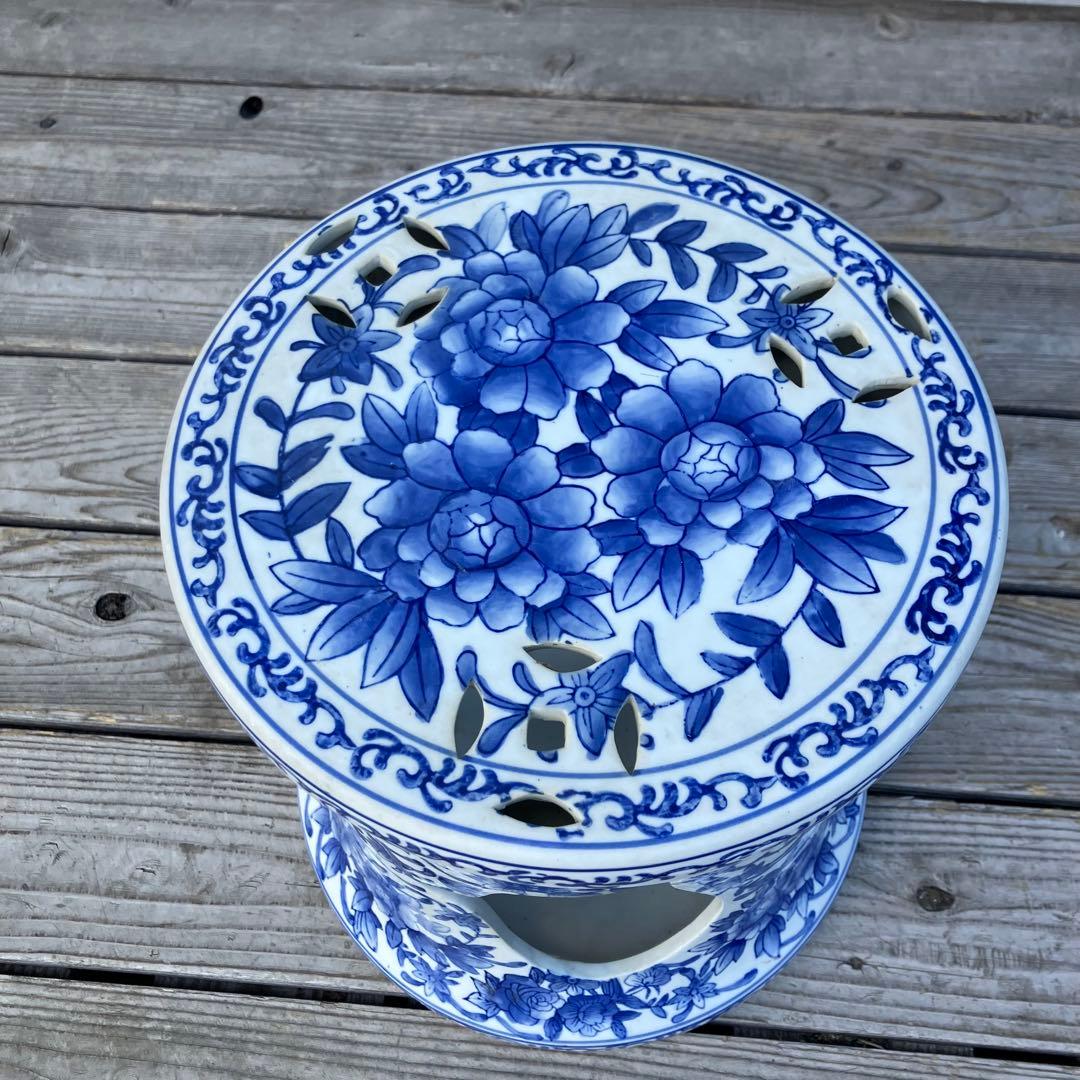 中国陶器スツール 青華唐子之図 染付 花柄 花台 ビンテージ ヴィンテージ