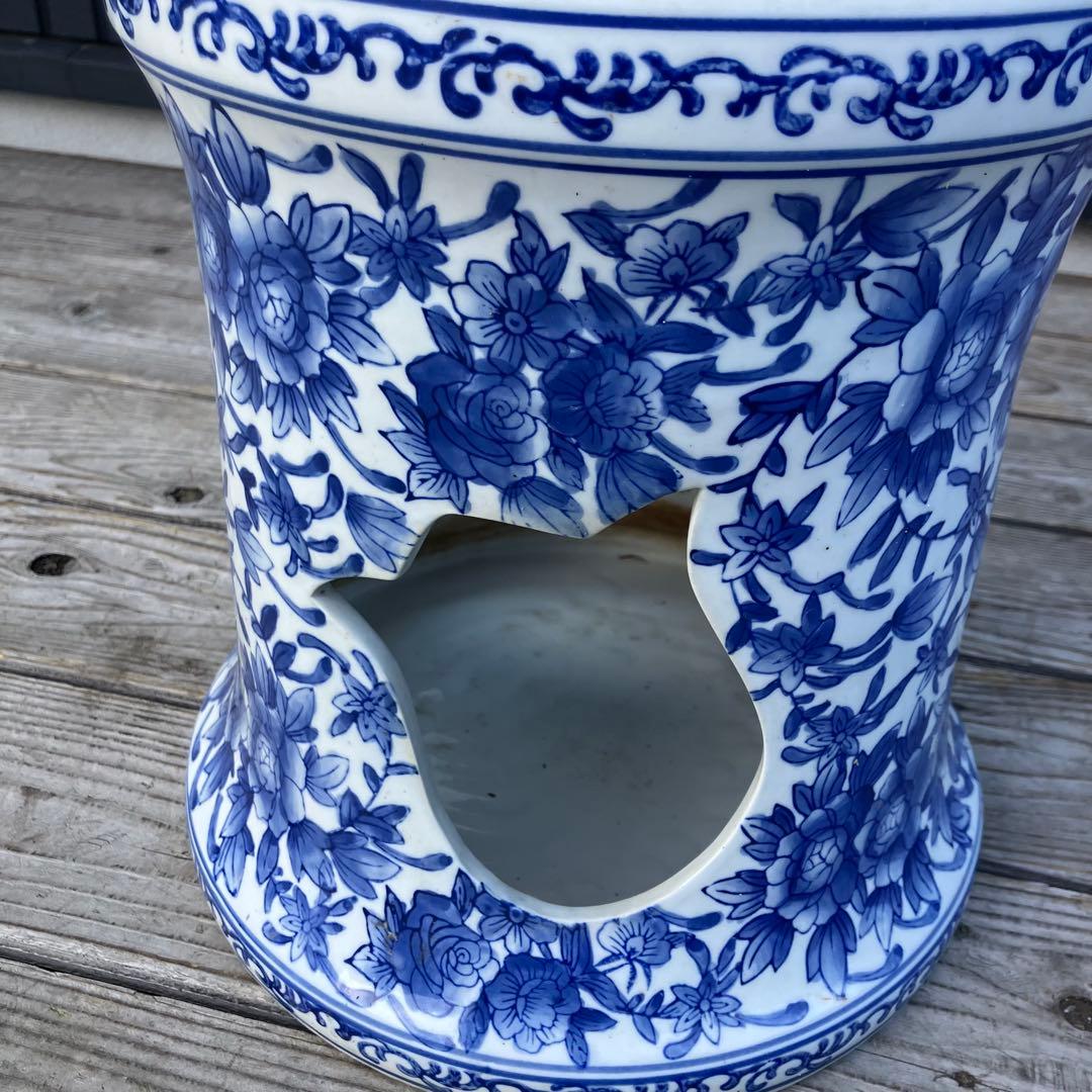 中国陶器スツール 青華唐子之図 染付 花柄 花台 ビンテージ ヴィンテージ