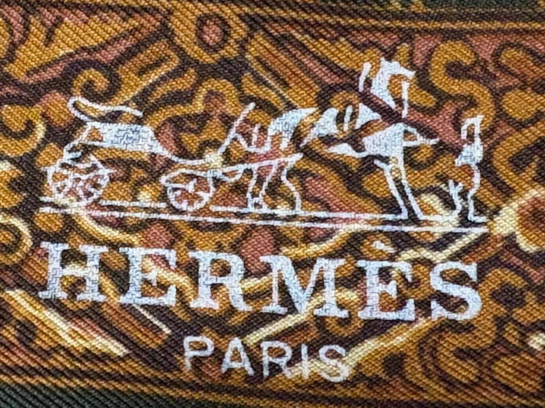 HERMES スカーフ シルク 羽根模様 青 オレンジ オリブ緑