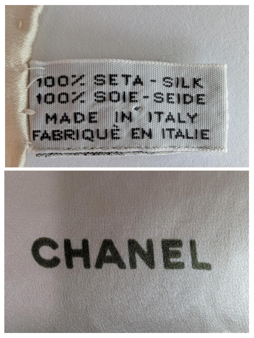 主役級　CHANEL カメリア シルク　大判85cmスカーフ ベージュ地 d60