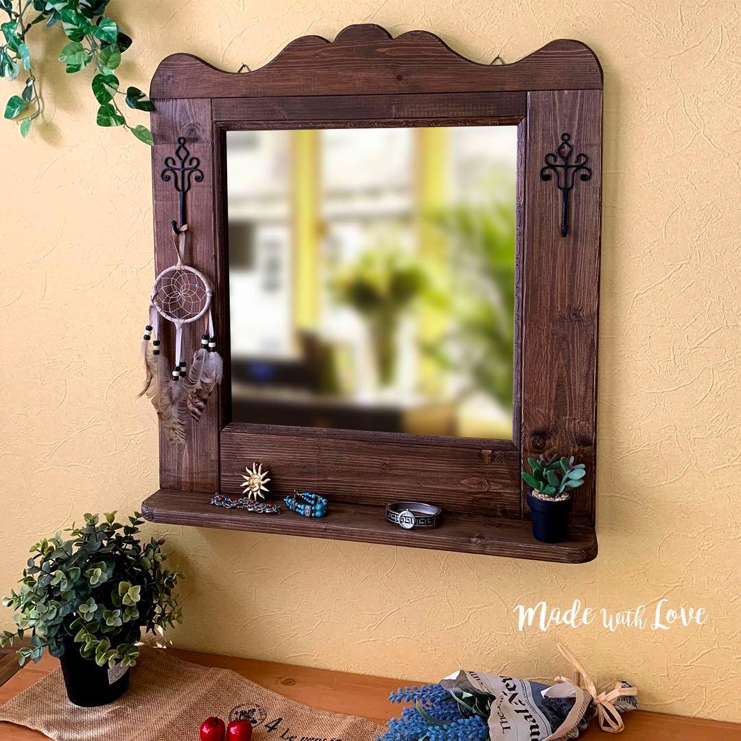 壁掛け【木製ウォールミラー】アンティーク風/0717