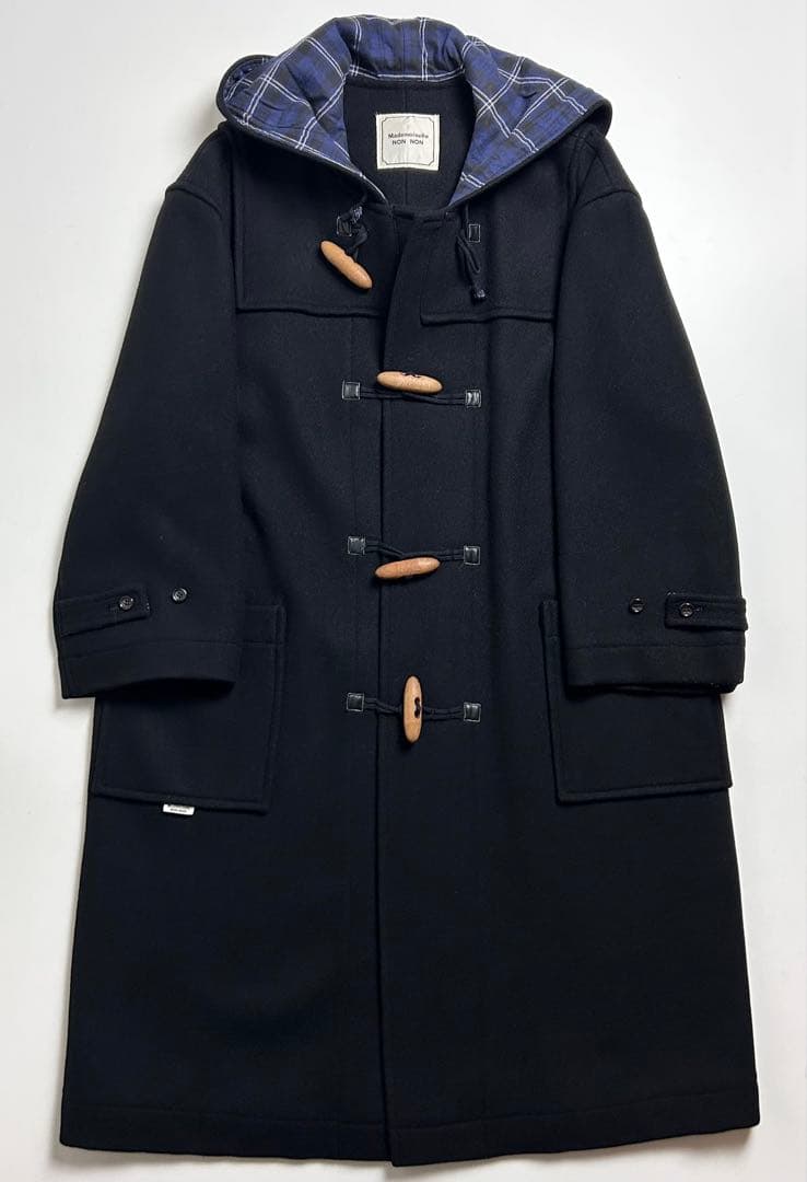 90s【美品】マドモアゼルノンノン/ロングダッフルコート/チェック柄切り替え/黒