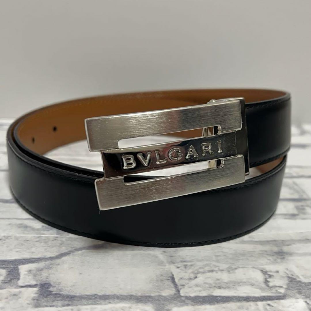 ブルガリ ベルト レザー 本革 黒 シルバー金具　スクエア　トリプルプレート