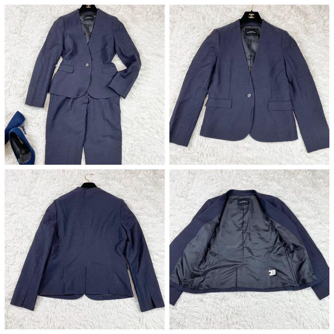 美品　グリーンレーベルリラクシング　ノーカラーパンツスーツ　紺　通勤　L M