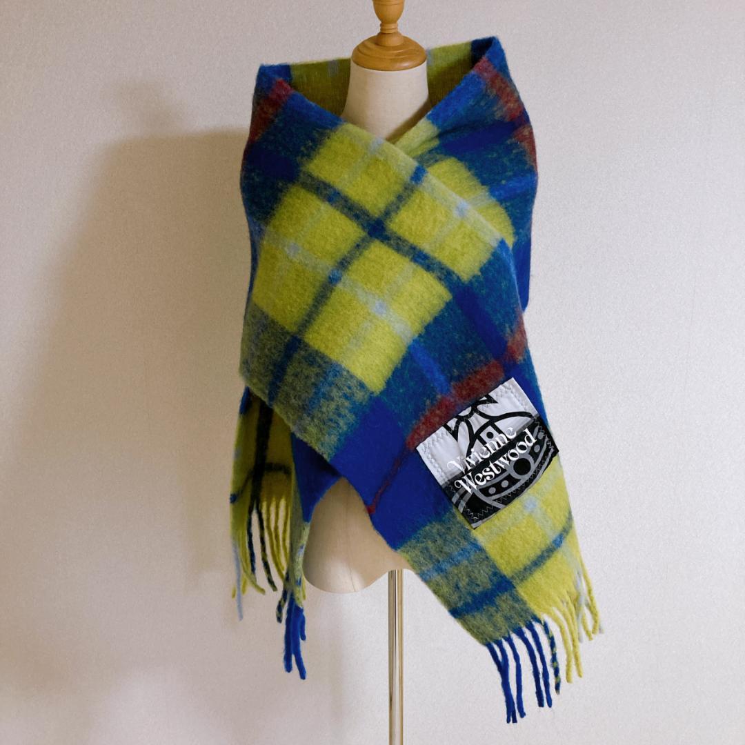 【新品】Vivienne Westwood チェック柄フリンジマフラー ブルー
