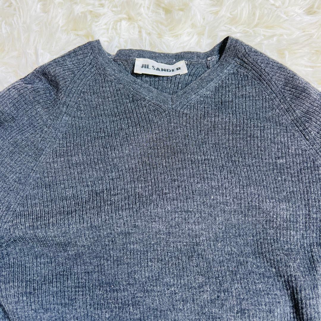 ジルサンダー Vネックリブニット 長袖 M グレー 細リブ ラグジュアリー