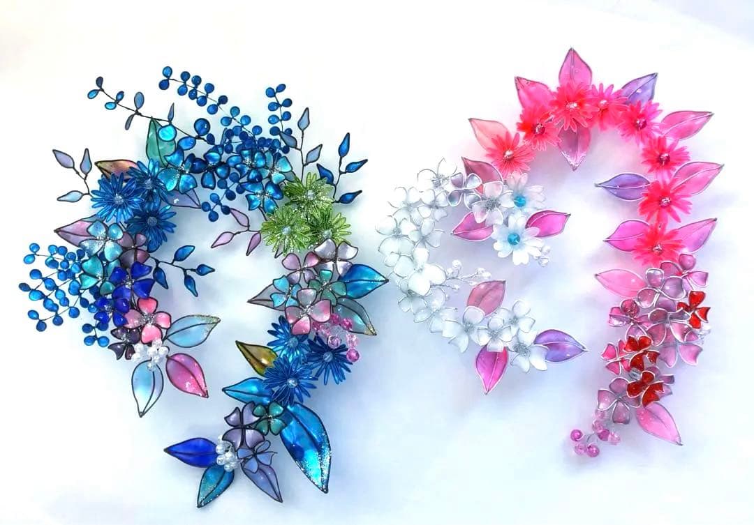 フラワーリース　ワイヤークラフト　ディップアート　青ボタニカルリース　アート