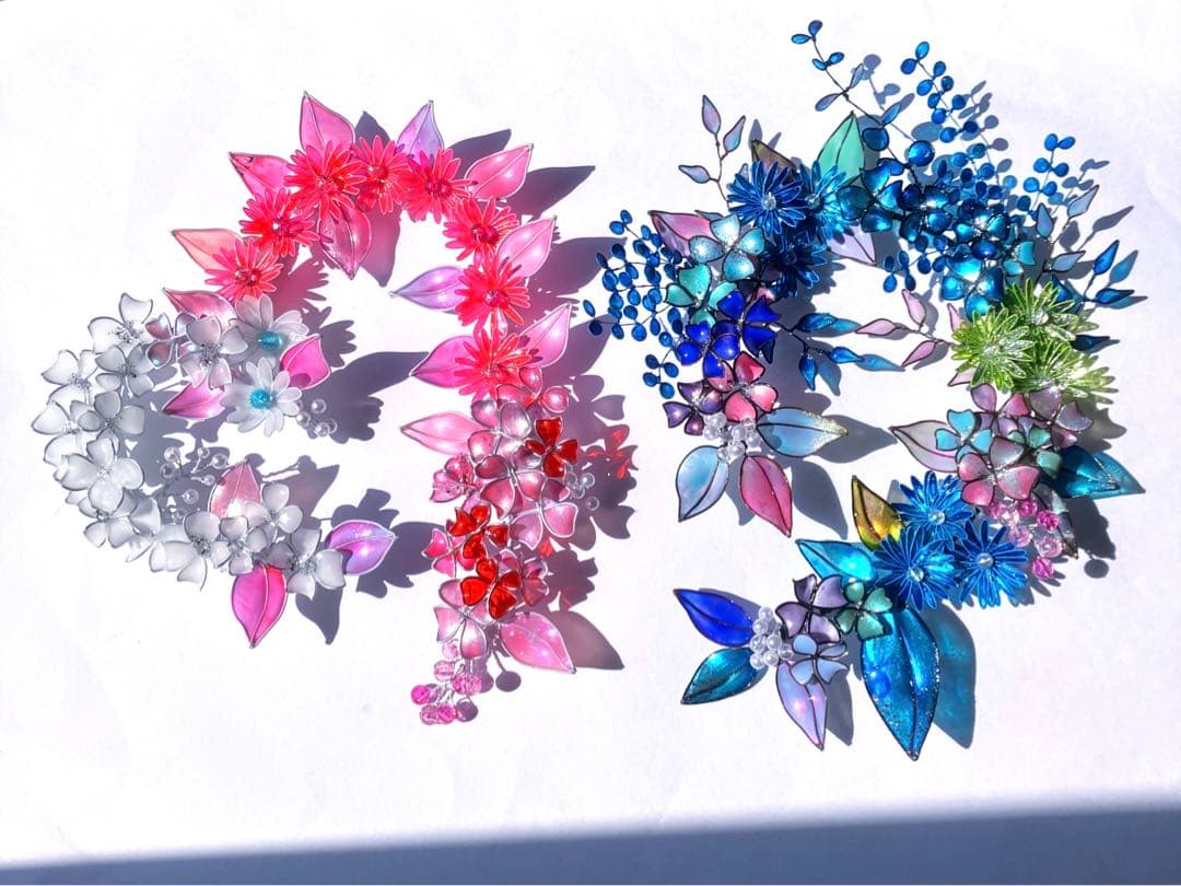 フラワーリース　ワイヤークラフト　ディップアート　青ボタニカルリース　アート