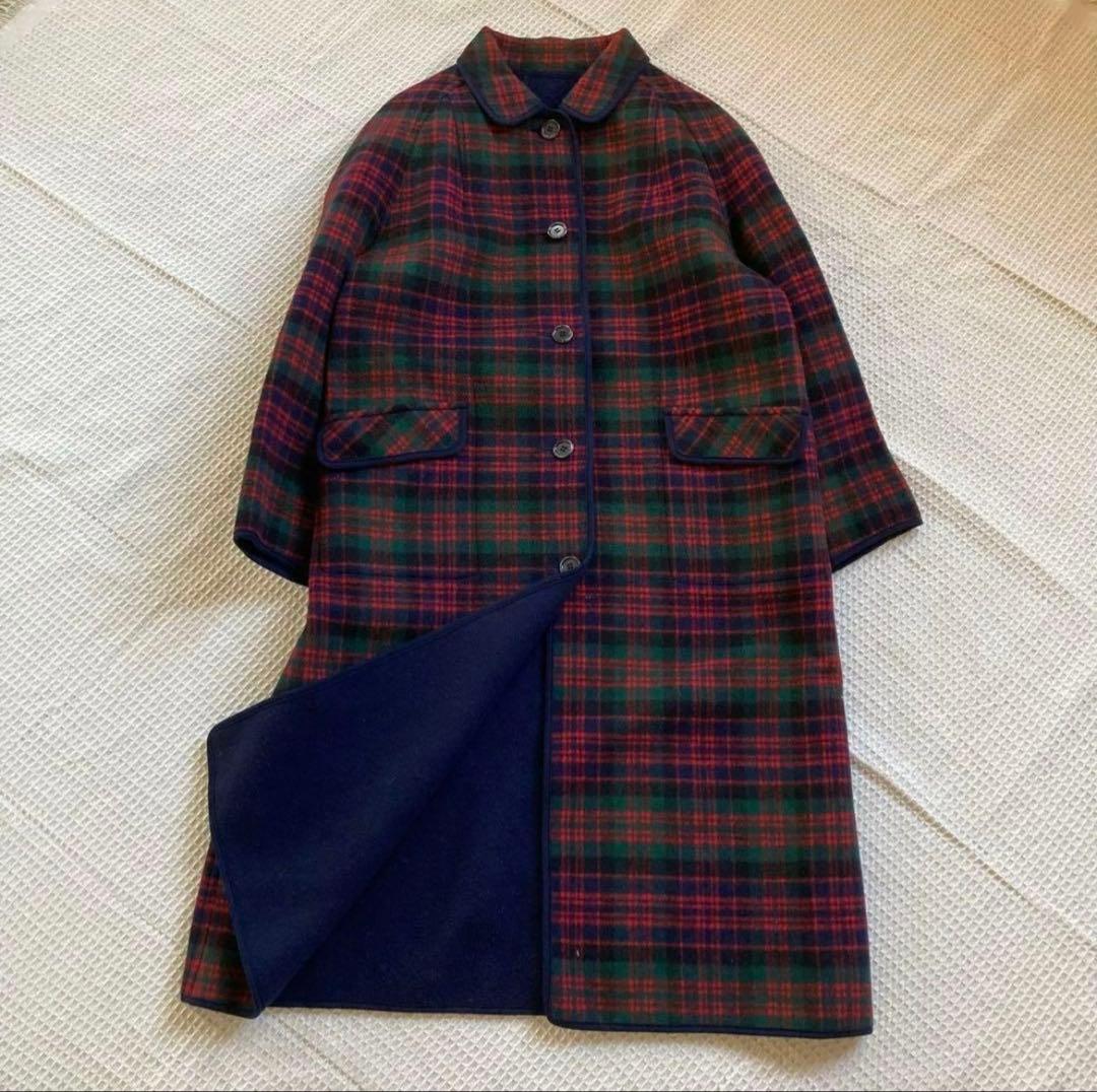 チェック柄ロングコート（ネイビー）