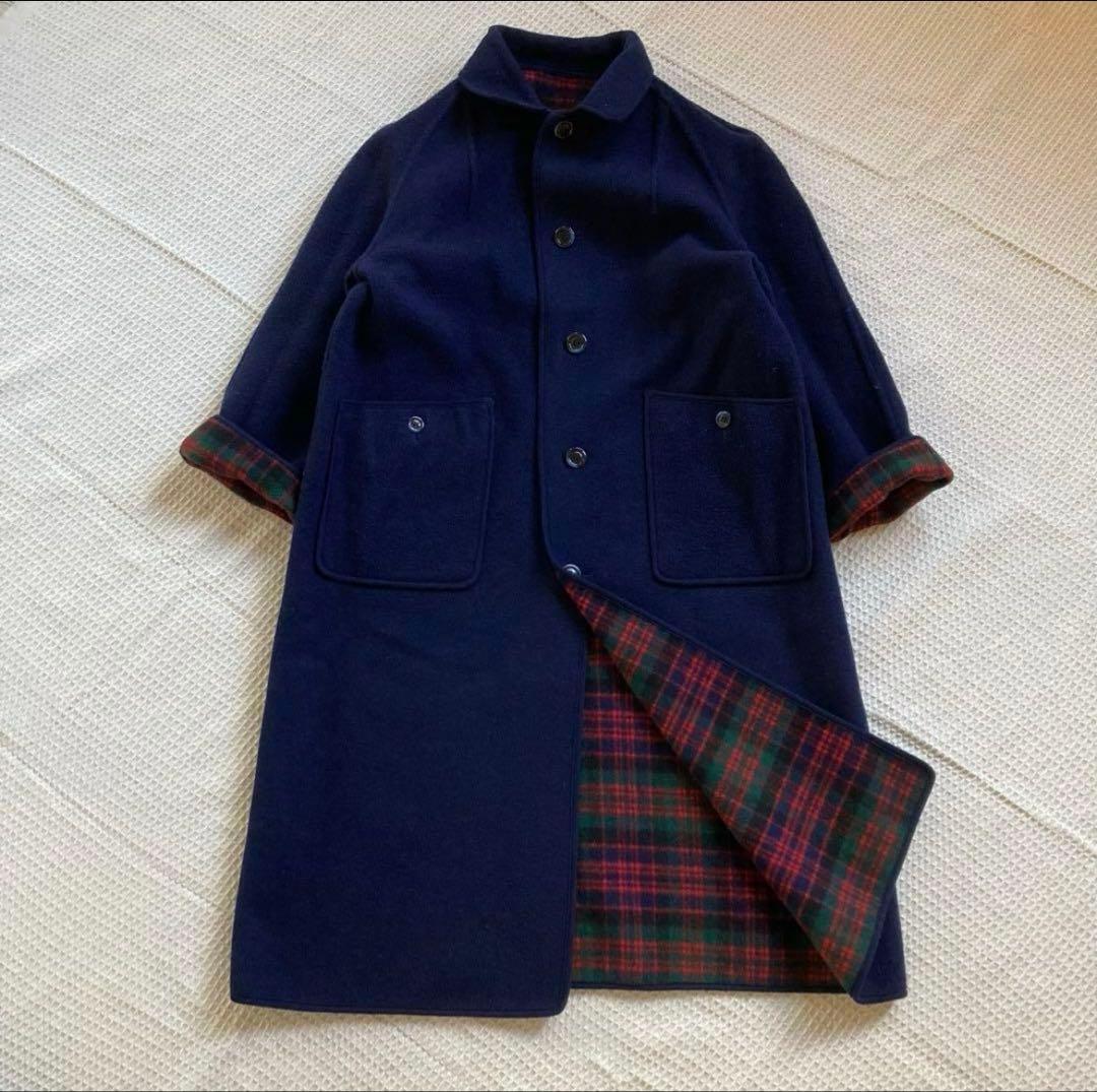 チェック柄ロングコート（ネイビー）