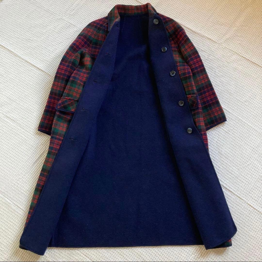 チェック柄ロングコート（ネイビー）
