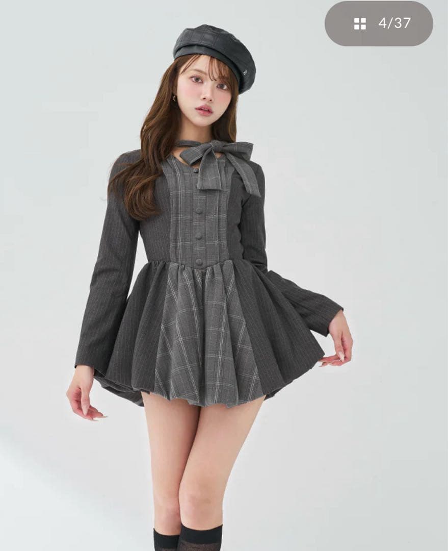 ダーリッチ　チェックストライプバルーンワンピース　グレー