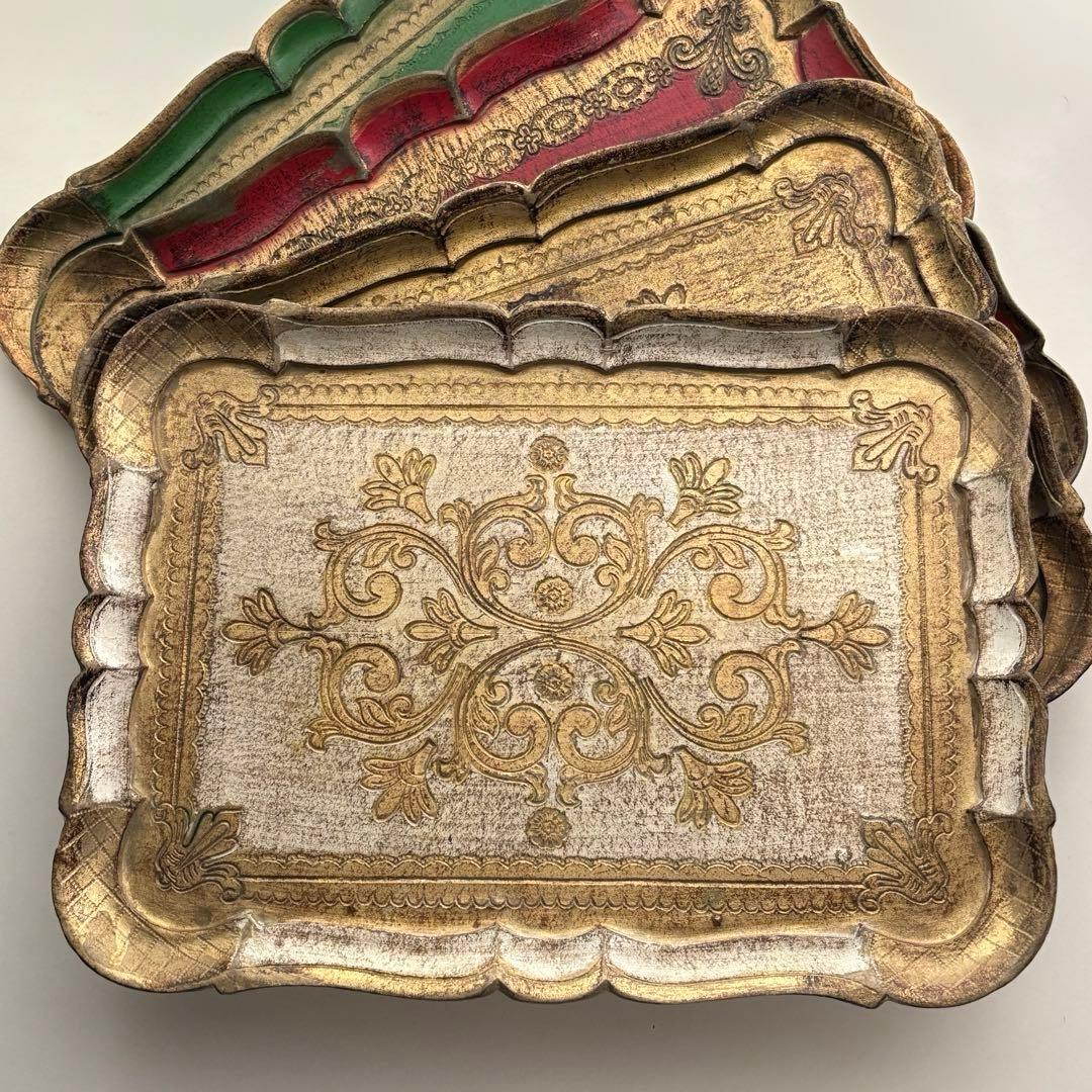 【ヴィクトリアン サービング トレイ】工芸品 金 イタリア ヴィンテージ 木製