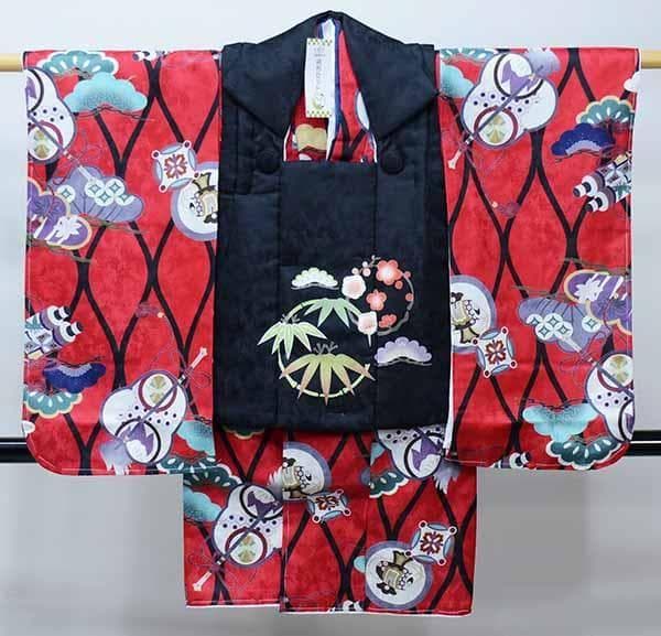 七五三 三歳 男児 被布着物セット 赤色×黒 松竹梅 軍配 祝着 NO40991
