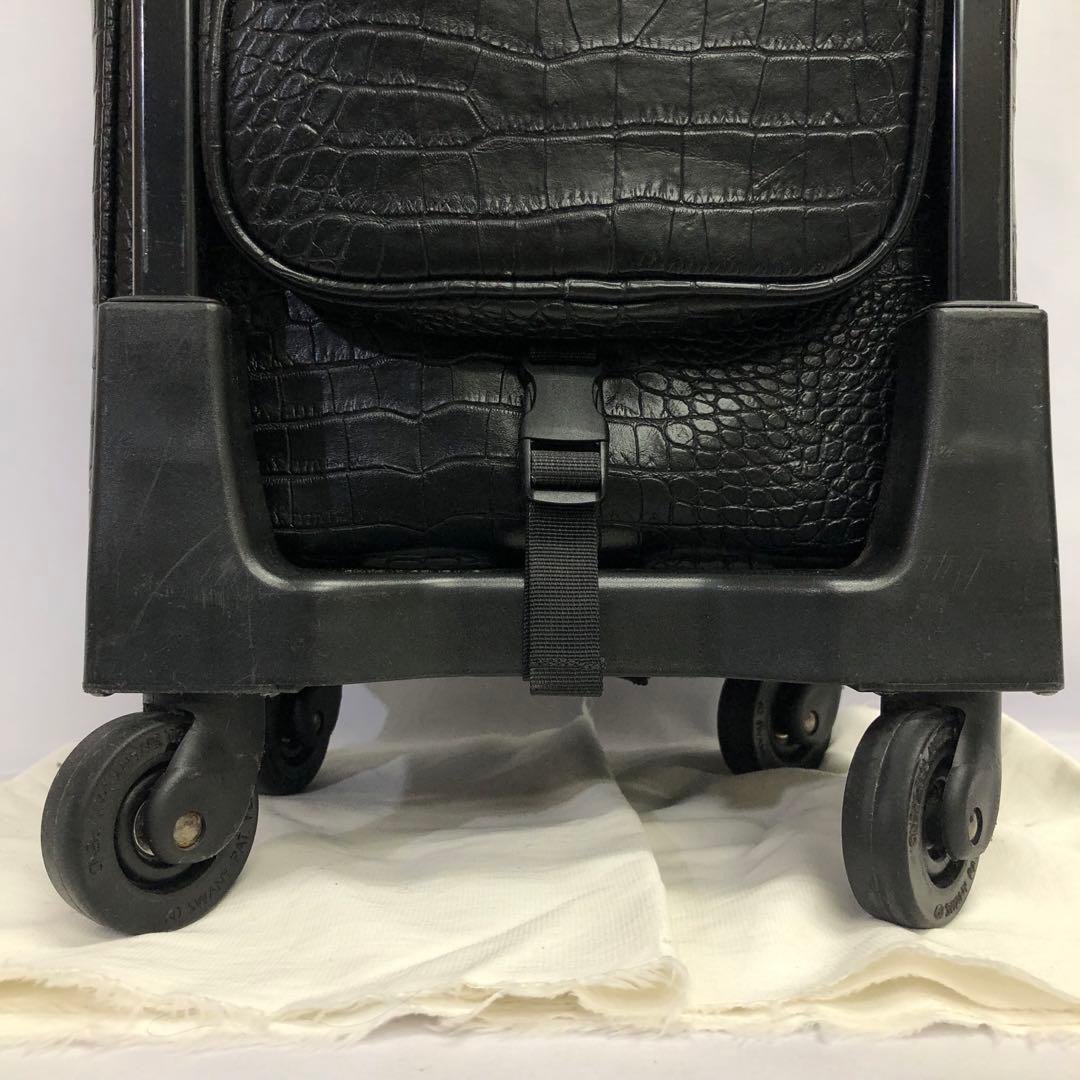 【359】SWANY クロコ型押し キャリーバッグ 黒 ストッパー付き 美品