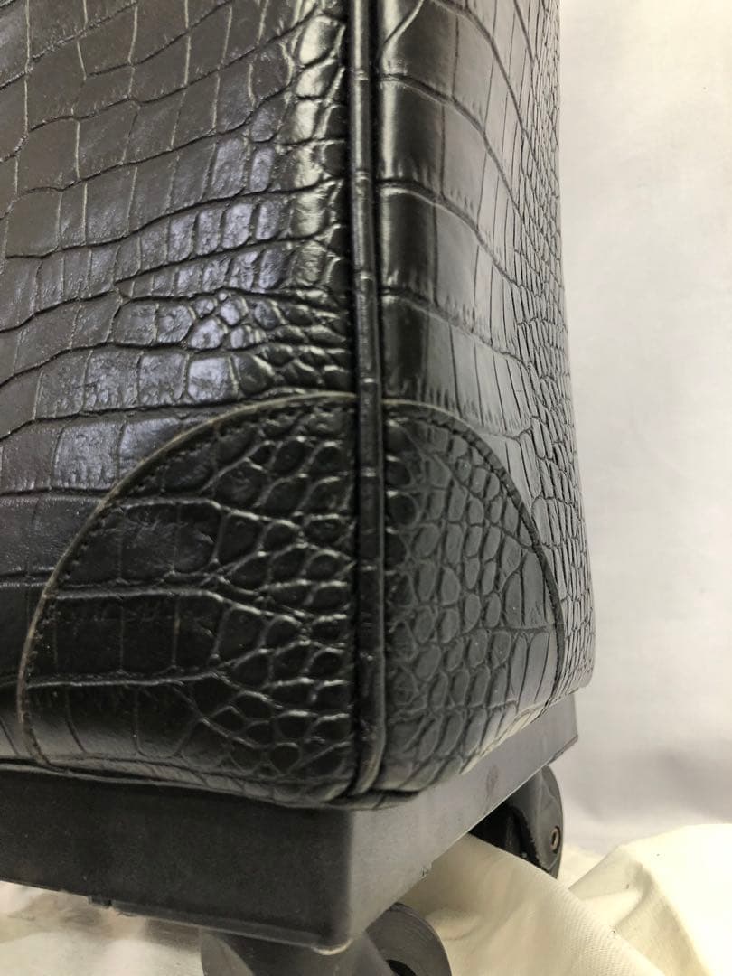 【359】SWANY クロコ型押し キャリーバッグ 黒 ストッパー付き 美品