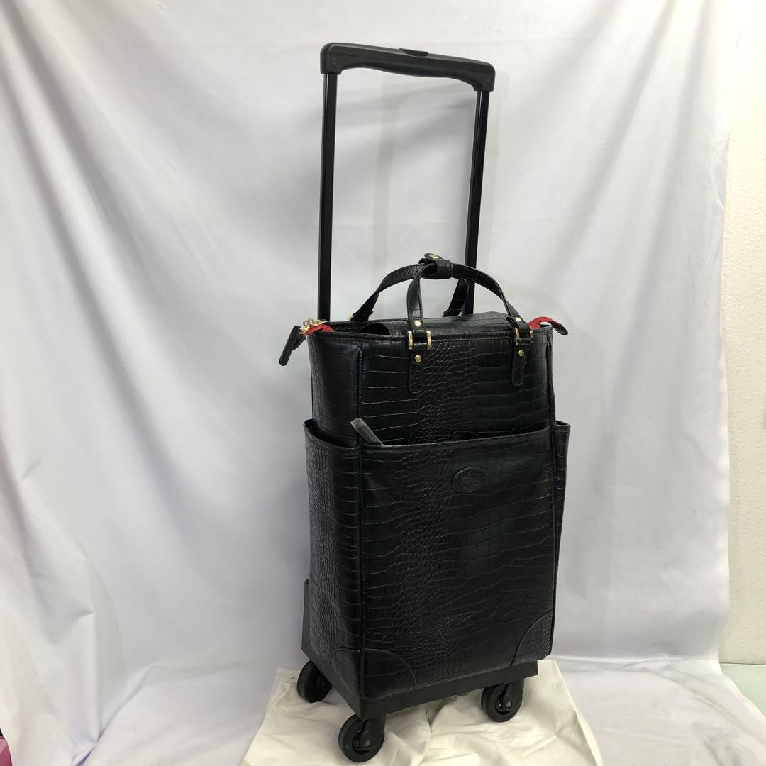 【359】SWANY クロコ型押し キャリーバッグ 黒 ストッパー付き 美品