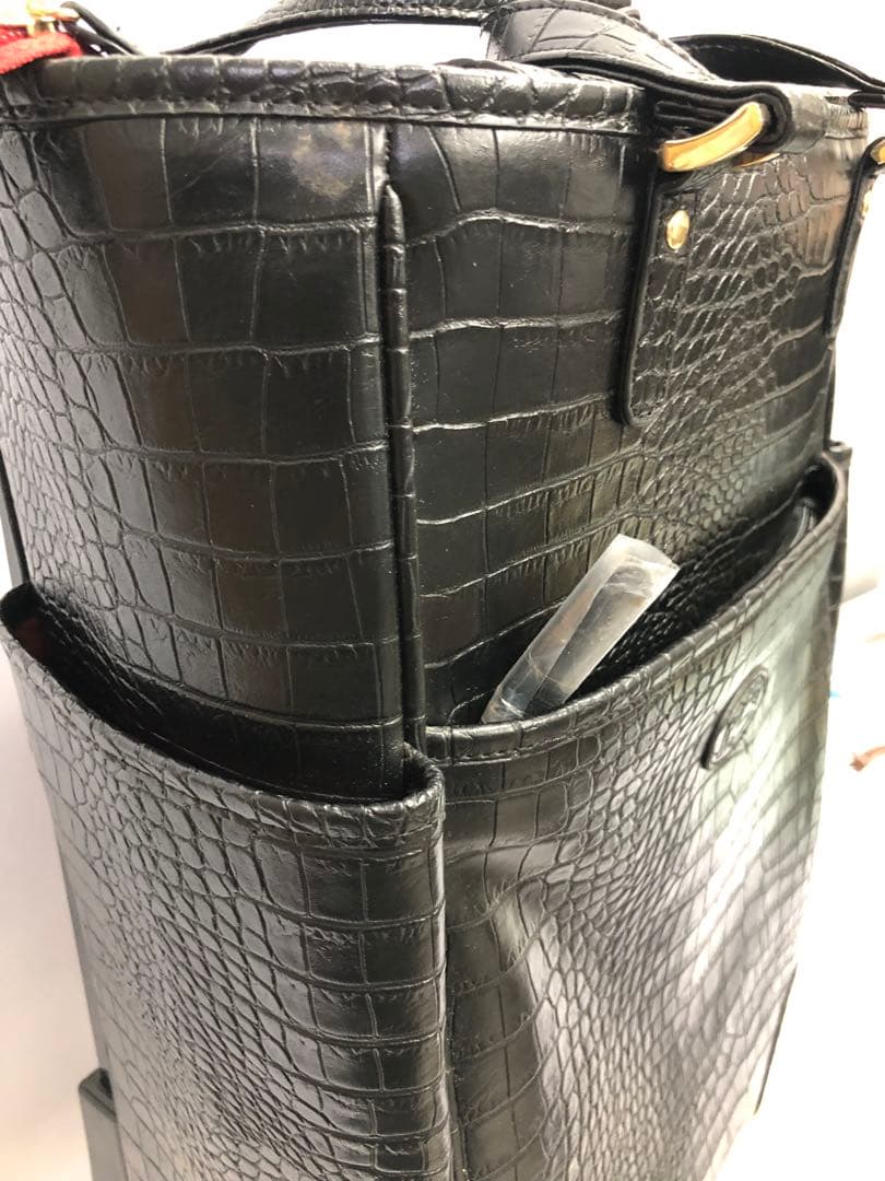 【359】SWANY クロコ型押し キャリーバッグ 黒 ストッパー付き 美品