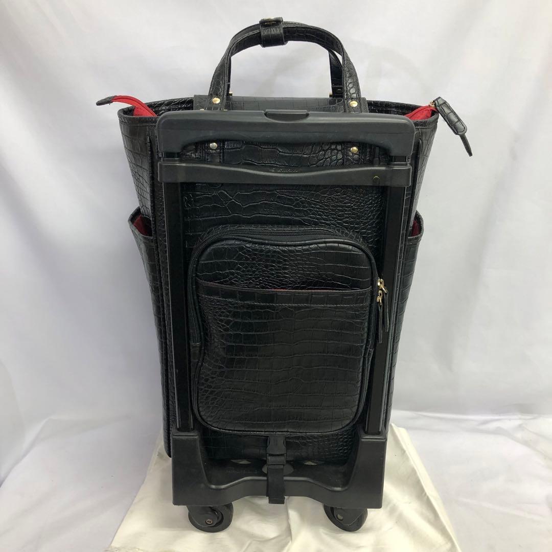 【359】SWANY クロコ型押し キャリーバッグ 黒 ストッパー付き 美品