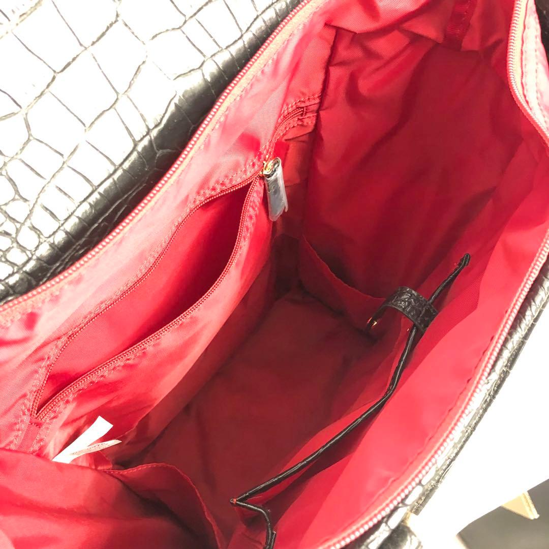 【359】SWANY クロコ型押し キャリーバッグ 黒 ストッパー付き 美品