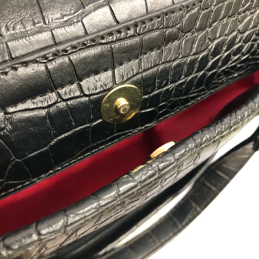 【359】SWANY クロコ型押し キャリーバッグ 黒 ストッパー付き 美品