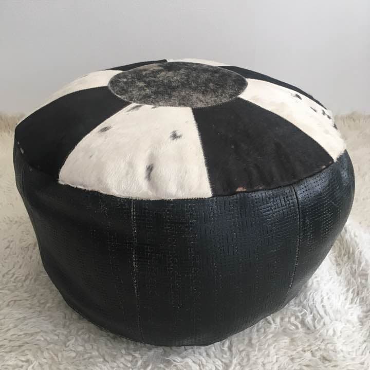 本革パッチワーク・オットマン・毛付き・ブラック・ホワイト・プフ