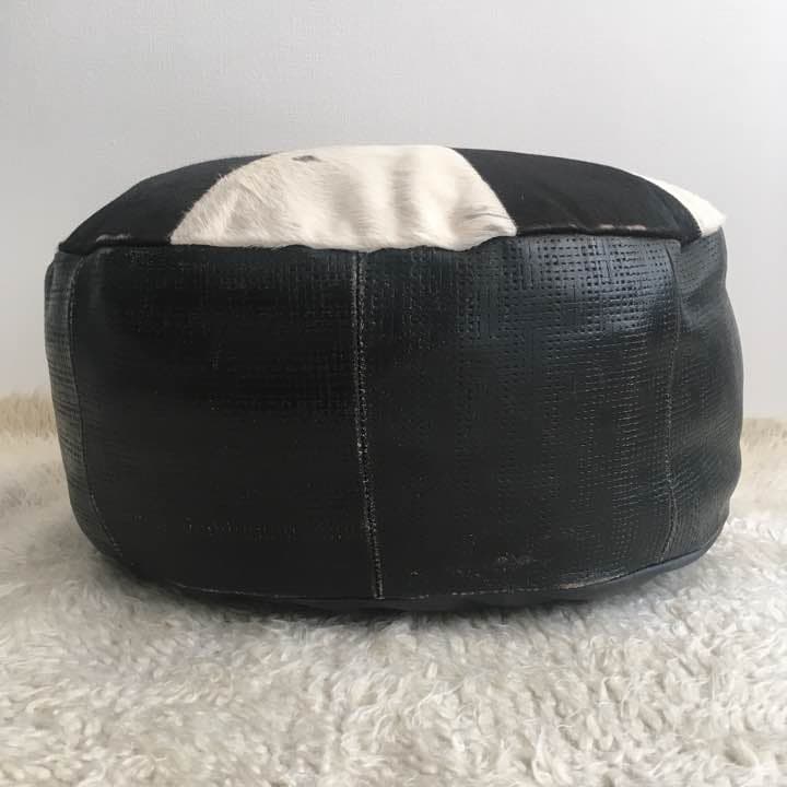 本革パッチワーク・オットマン・毛付き・ブラック・ホワイト・プフ