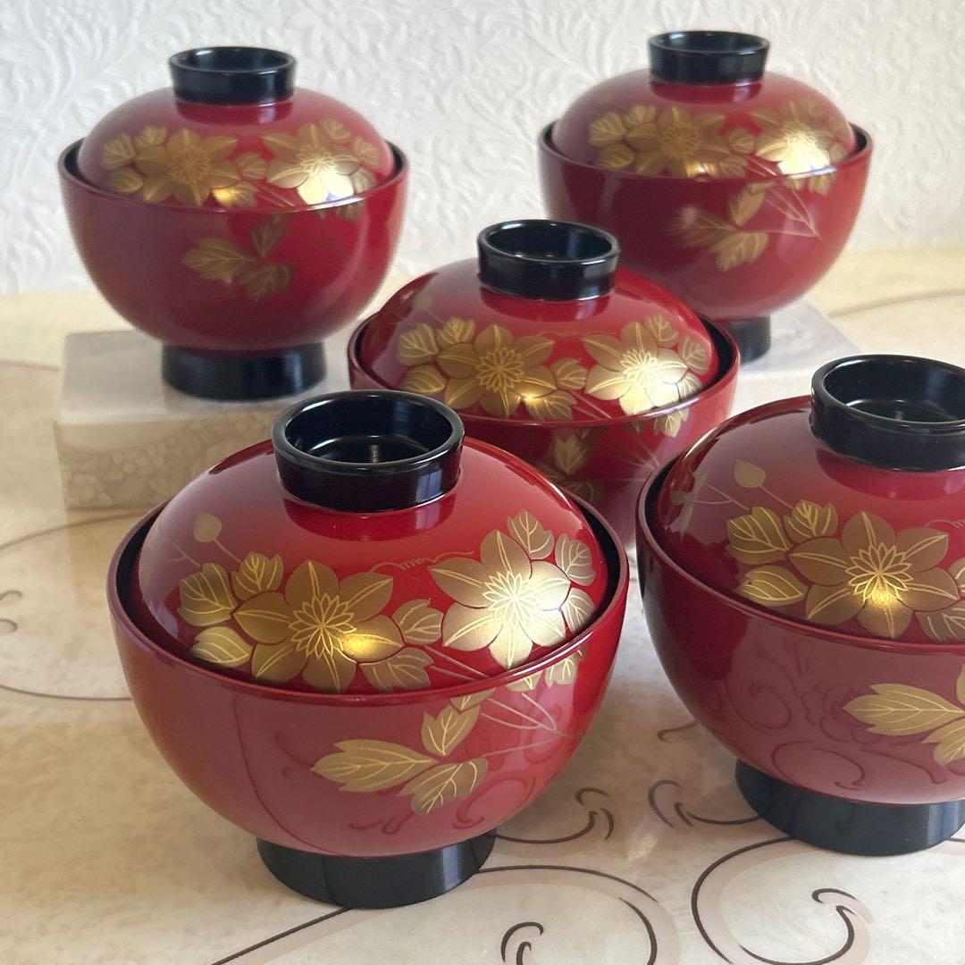 会津塗　乙造作　蓋付き御吸物椀揃　5客　金彩　蒔絵　汁椀　お吸物椀　朱塗　雑煮椀