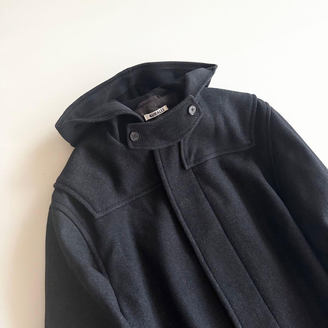 【オーラリー】ウールシルクメルトンロングダッフルコート フード付き ネイビー系