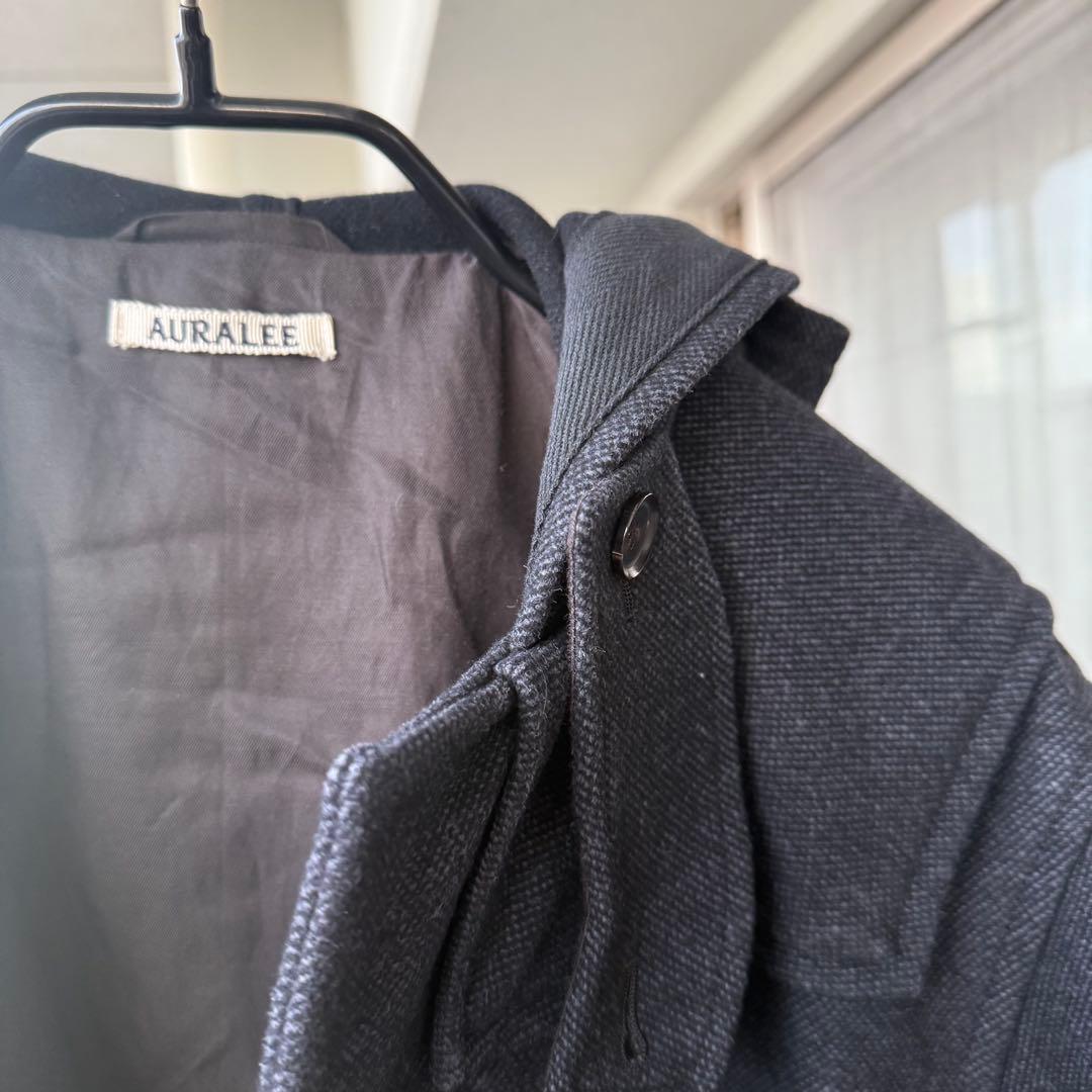 【オーラリー】ウールシルクメルトンロングダッフルコート フード付き ネイビー系