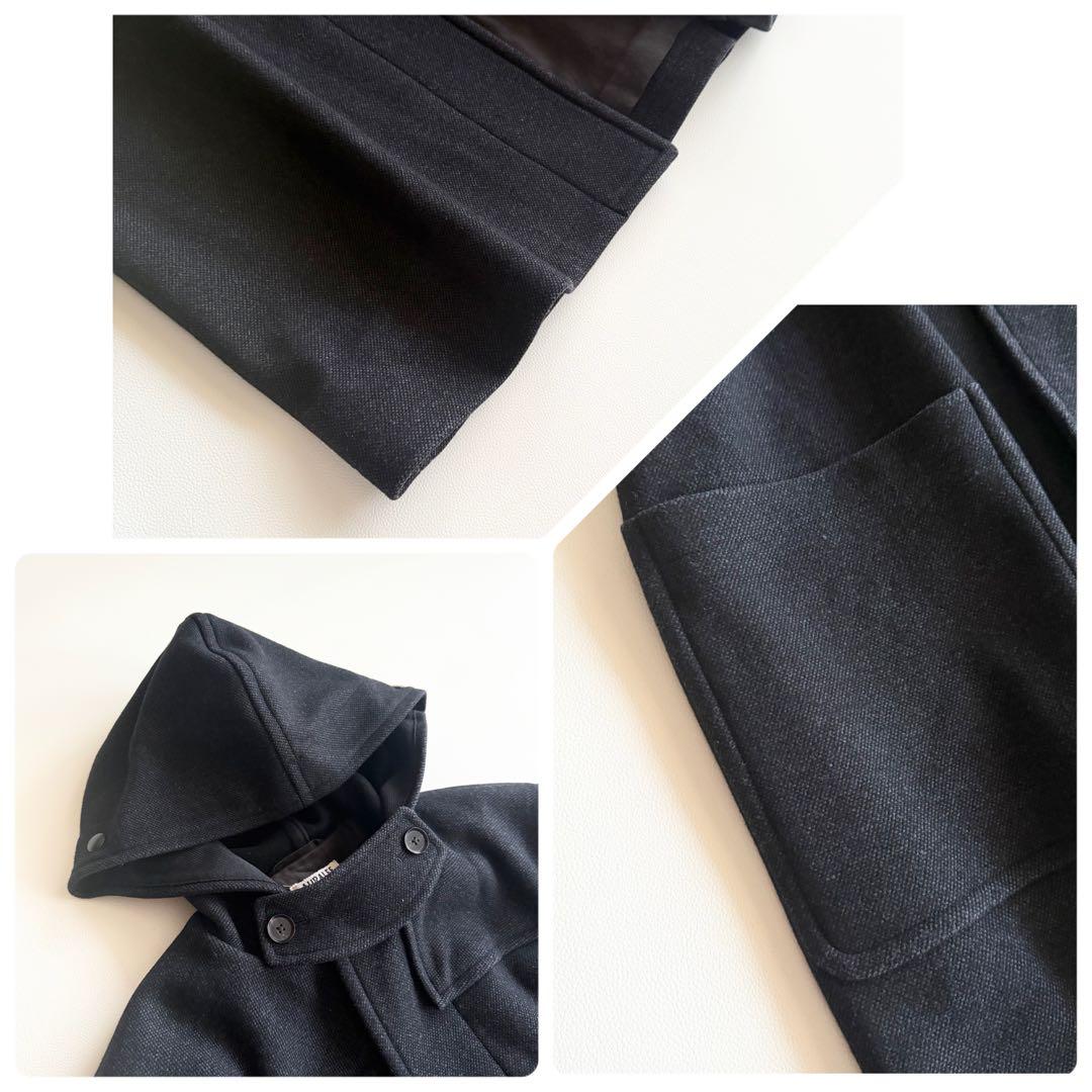 【オーラリー】ウールシルクメルトンロングダッフルコート フード付き ネイビー系