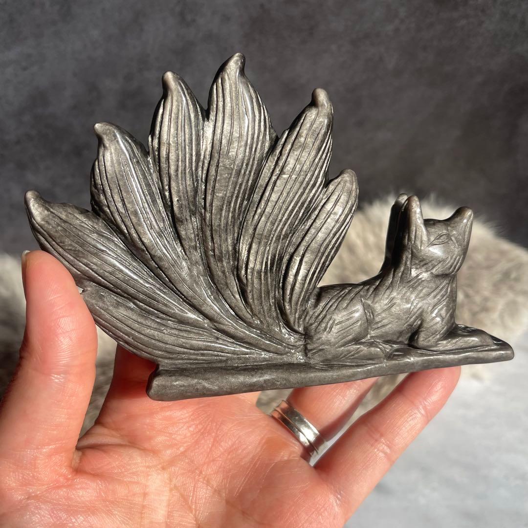 シルバー オブシディアン 九尾 高品質 手彫り