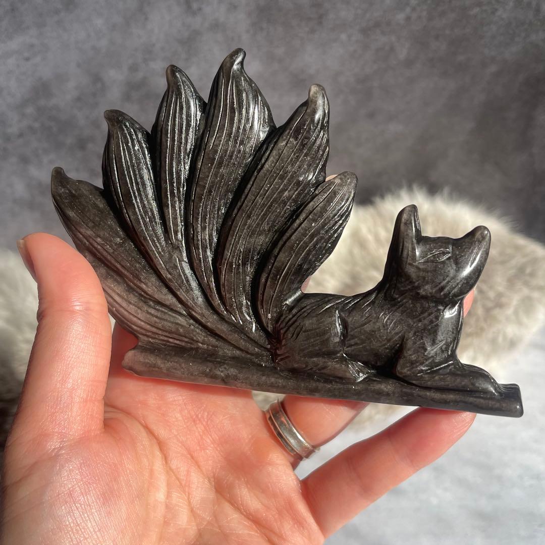 シルバー オブシディアン 九尾 高品質 手彫り