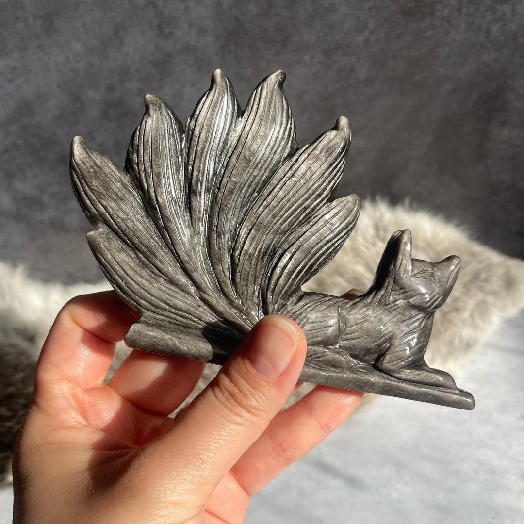 シルバー オブシディアン 九尾 高品質 手彫り