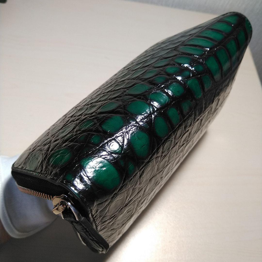 クロコダイル 脇肚一枚革R.F.長財布 孔雀緑&利休茶 メジ染 055502J