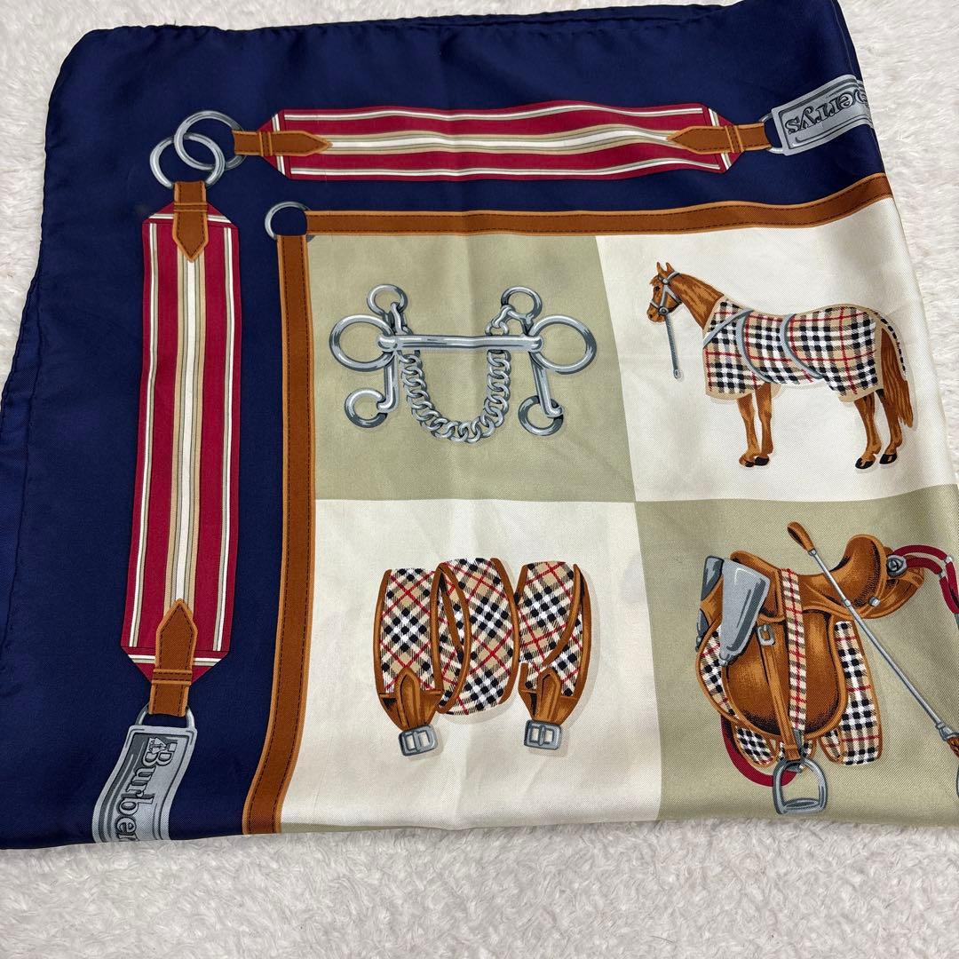 バーバリー超レア◆ビンテージ定番ノバチェック盛装馬＆馬具柄シルク大判スカーフ