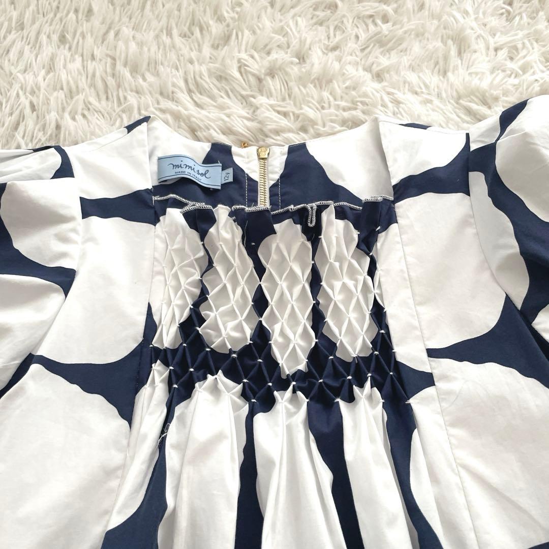 極美品✨ミミソル　ワンピース　水玉ドット　150 イタリア製 シャーリング 半袖