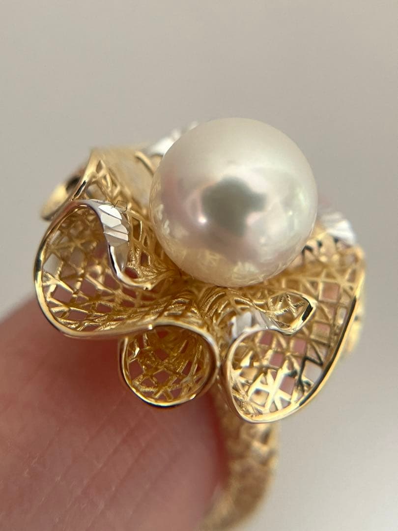 新品K18YGアコヤパール8mmフラワーリング指輪