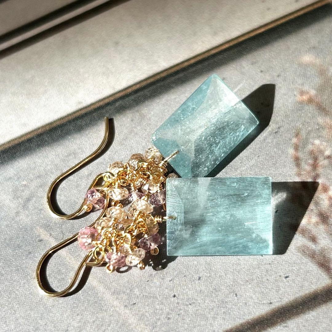 希少✳︎大粒シンデレラアクアマリン　レクタングル　14kgf　天然石ピアス