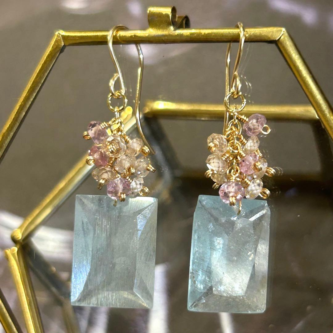 希少✳︎大粒シンデレラアクアマリン　レクタングル　14kgf　天然石ピアス