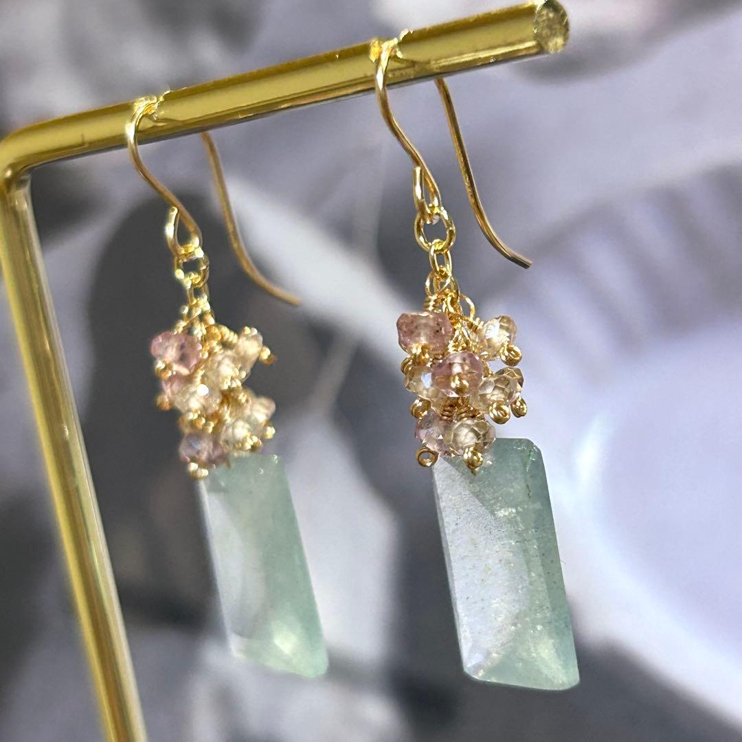 希少✳︎大粒シンデレラアクアマリン　レクタングル　14kgf　天然石ピアス