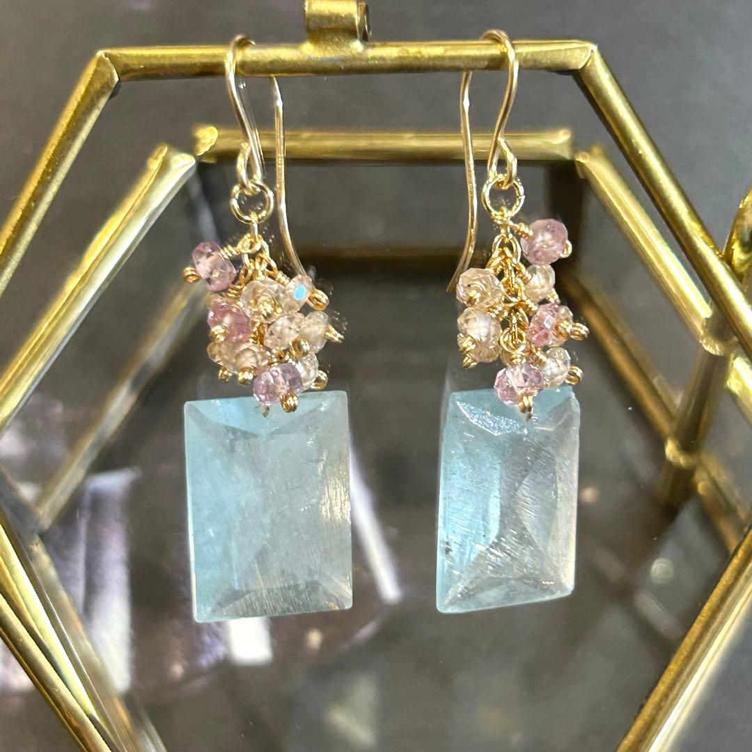 希少✳︎大粒シンデレラアクアマリン　レクタングル　14kgf　天然石ピアス