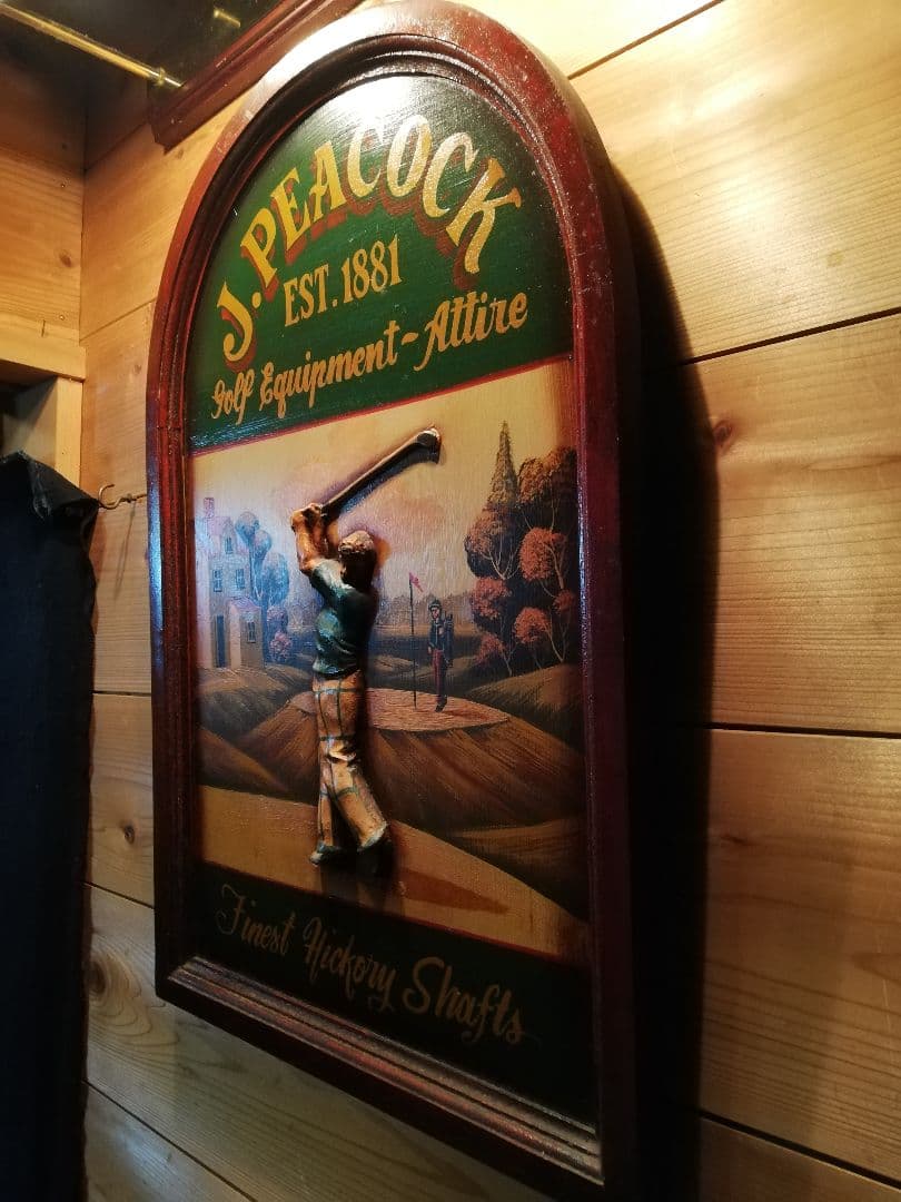 英国)60’アンチィークゴルフボード看板、立体飾り絵