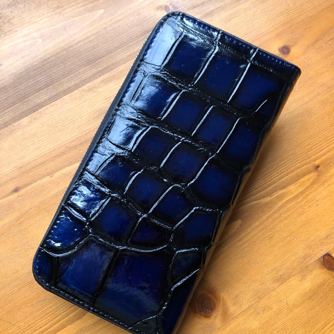 ア*オ様 本物　クロコダイル　シャムワニ　 長財布 ワニ革 一枚革　青ブルー