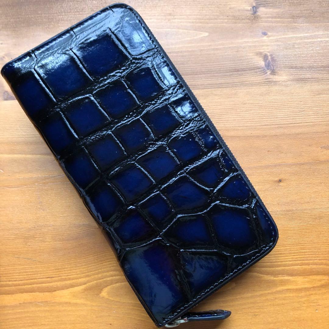 ア*オ様 本物　クロコダイル　シャムワニ　 長財布 ワニ革 一枚革　青ブルー