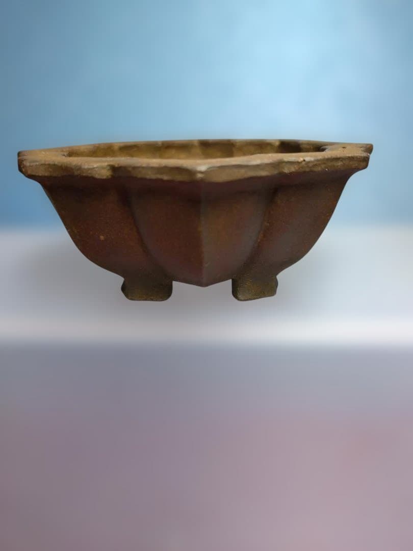 茶色い八角形陶器鉢/ 市之倉石洲