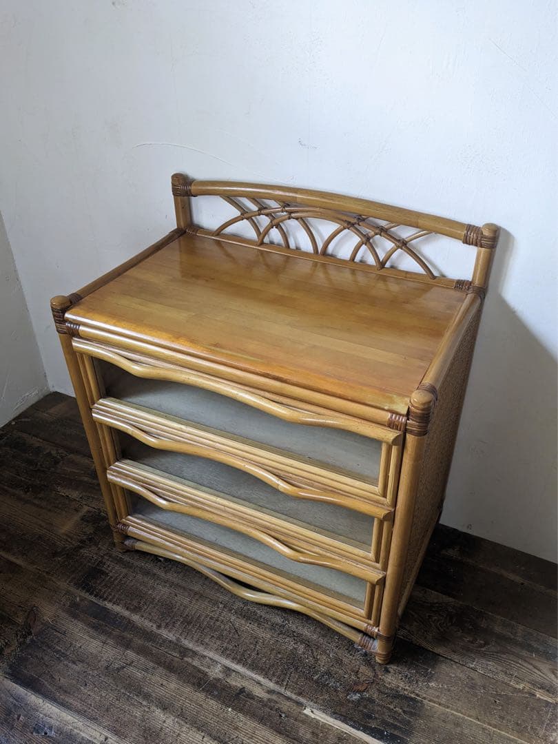 【田代】ラタン製 ガラスチェスト 3段 キャビネット 籐家具