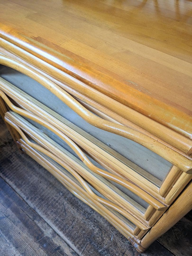 【田代】ラタン製 ガラスチェスト 3段 キャビネット 籐家具